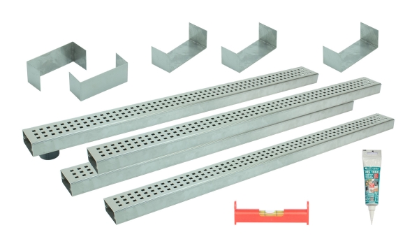 Entwässerungsrinnen Edelstahl superflach Rost Quadratlochung SET Typ 4, System 35/80